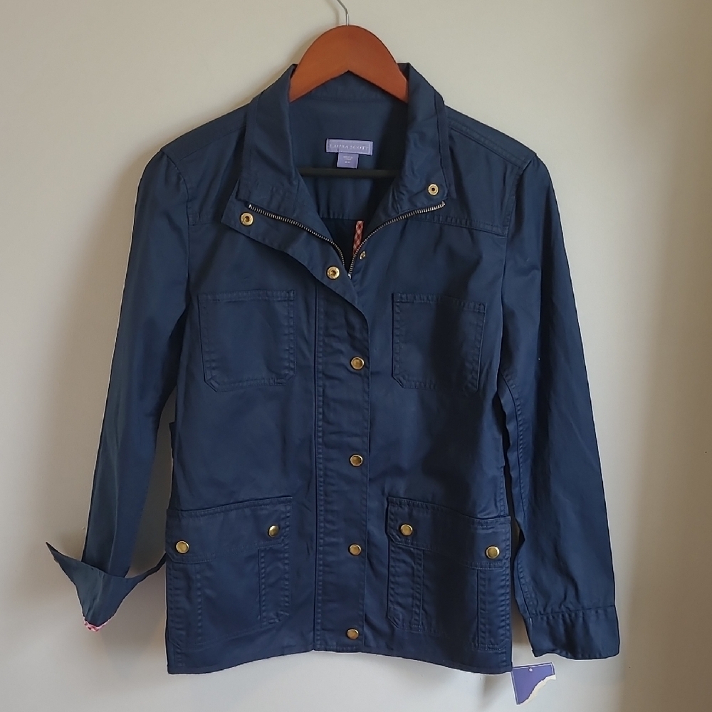 Laura Scott Blue and Gold Utility Jacket with Textured Fabric